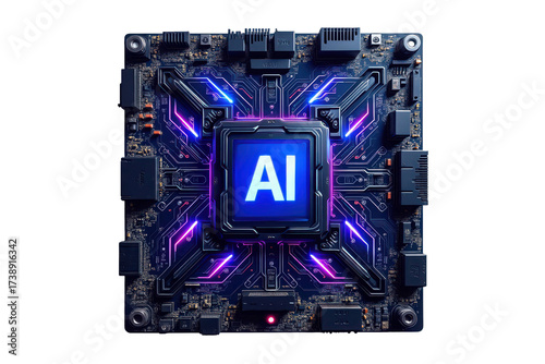 Central ai processor chip with glowing lights isolated on transparent background