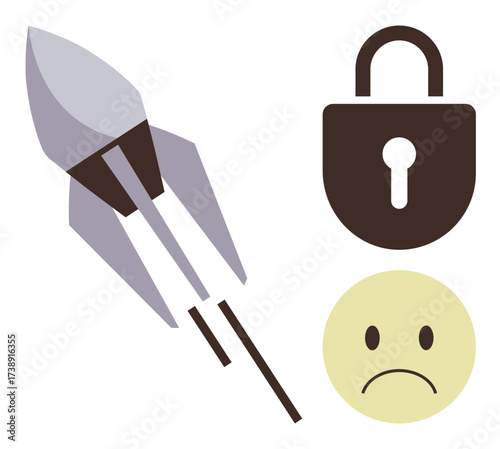 Rocket ascending, padlock symbolizing security, and sad face highlighting failure or risk. Ideal for progress, innovation, security, risk management, failure, aspiration and overcoming obstacles