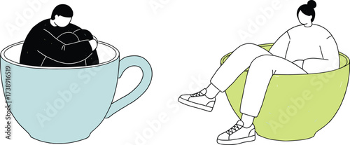 Minimalist illustration of people sitting inside coffee cup and bowl, creative concept art, modern abstract design, relaxing lifestyle artwork