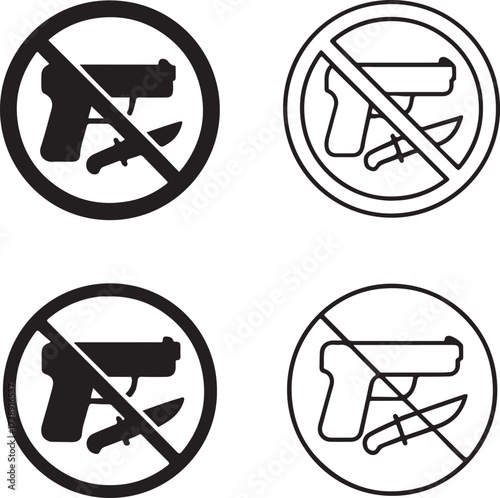 No weapons black vector icons set, editable gun knife prohibition symbols, modern flat minimal style, clean bold shapes, no weapons icons, buyer focused vector design