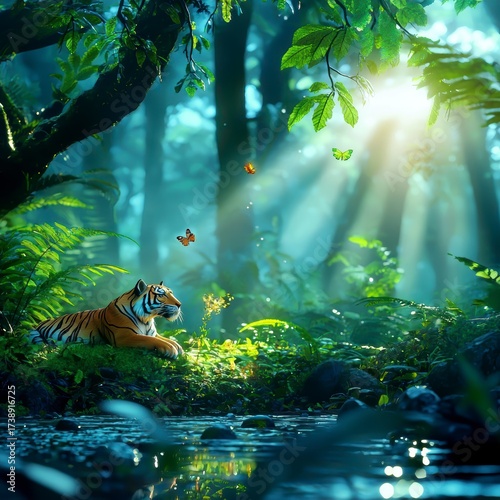 Majestic tiger resting in lush jungle nature scene vibrant forest serene atmosphere captured in brilliant light