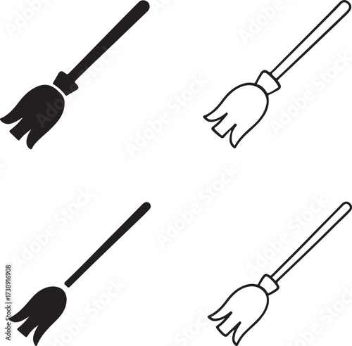 Witch broom black vector icons set, editable magic flying symbols, modern flat minimal style, clean bold shapes, broomstick icons, buyer focused vector design