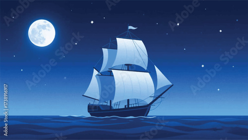 Ship Sailing in the Night Sea Illustrator Artwork Banner Background Design Template 