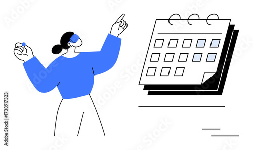 Person gesturing toward a calendar in a minimal style, emphasizing planning, scheduling, and organization. Ideal for time management, productivity, appointments, strategy, teamwork deadlines simple
