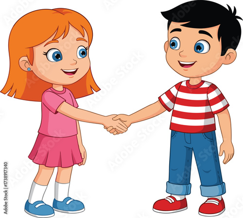 Smiling cartoon boy and girl shaking hands, friendship agreement illustration, happy children teamwork concept, kids greeting gesture communication background