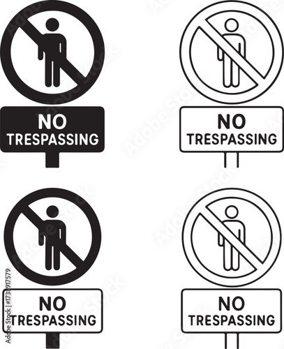 No trespassing black vector icons set, editable property access restriction symbols, modern flat minimal style, clean bold shapes, no entry icons, buyer focused vector design