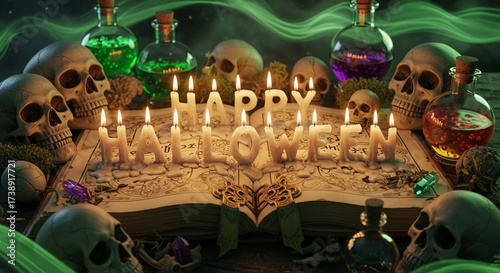 Happy Halloween text made of burning candles and dripping wax, placed on an ancient spellbook surrounded by skulls