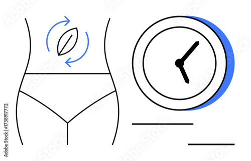 Flat design of a human torso with digestion symbol, rotation arrows, and a clock representing metabolism and timing. Ideal for health, wellness, fitness, balance, diet, metabolism and nutrition