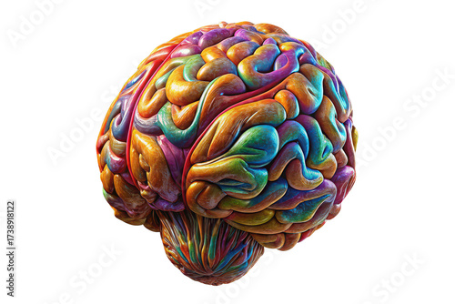 Colorful abstract brain with intricate details isolated on transparent background