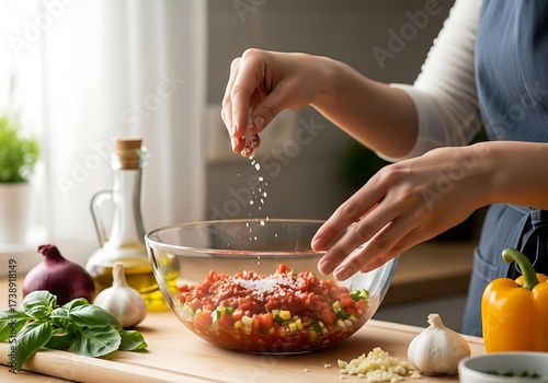Fototapeta Naklejka Na Ścianę i Meble -  Culinary artistry: The hands of a chef sprinkling seasoning into a vibrant mixture of vegetables and ingredients
