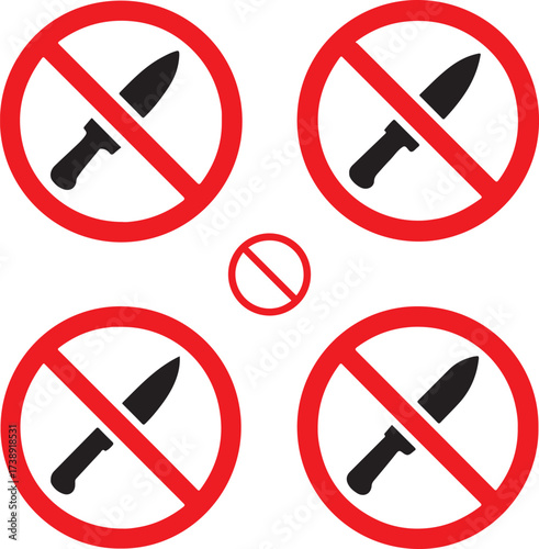 No knife sign black vector icons set, editable prohibition symbols, modern flat minimal style, clean bold shapes, no cutting icons, buyer focused vector design
