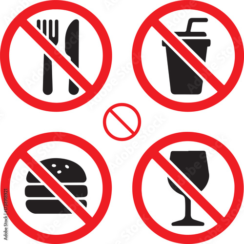 No food or drink sign black vector icons set, editable prohibition symbols, modern flat minimal style, clean bold shapes, no eating no drinking icons, buyer focused vector design