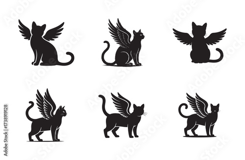 Cat Angel Silhouette with Wings Vector Set