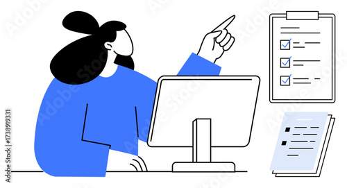 Woman pointing at checklist while working at desktop, with paperwork and monitor. Ideal for productivity, organization, planning, task management, workflow, workplace efficiency, professional focus