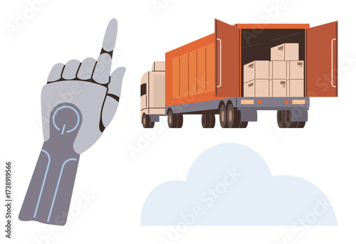 Robotic hand pointing at a truck loaded with boxes, symbolizing automation in transport and freight delivery. Ideal for technology, logistics, AI, automation, supply chain, innovation, simple flat