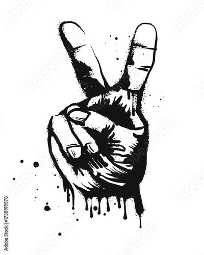 Spray painted graffiti Hand gesture V sign for peace on black over white. peace symbol. isolated on white background