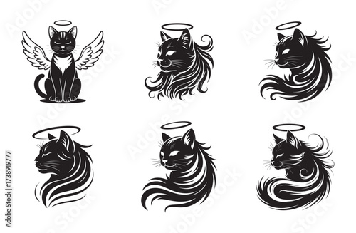 Angel Cat Silhouette Vector Set with Wings and Halo