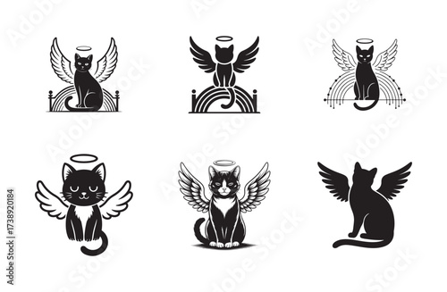Angel Cat Silhouette Vector Set with Wings and Halo