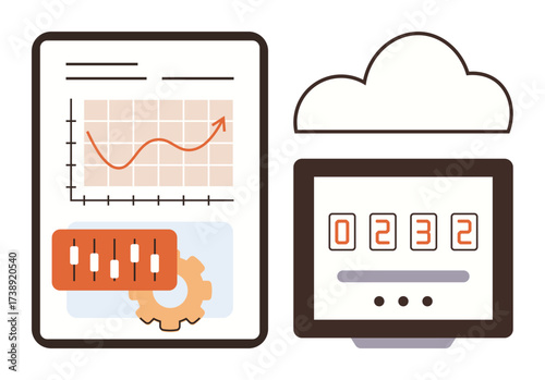 Graph with upward trend, cogwheel, sliders, cloud icon, and digital counter screen. Ideal for analytics, statistics, automation cloud computing technology time management fintech. Simple flat