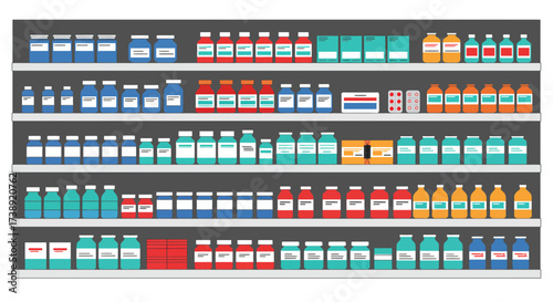 Colorful pharmacy shelves stacked high with medications and pills, a vibrant illustration of health and wellness, showing diverse medicine bottles