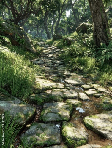 Fototapeta Naklejka Na Ścianę i Meble -  Sunlit stone path through lush forest