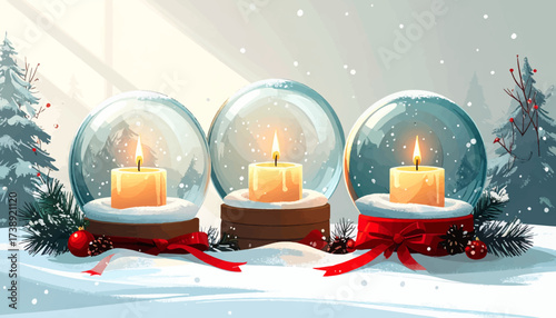 Three snow globes with lit candles on a snowy surface.