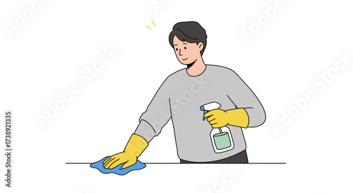 Cheerful man cleaning surfaces with spray and cloth, promoting hygiene and cleanliness, ideal for home or professional cleaning service advertising