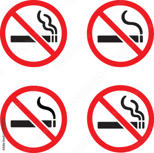 No smoking sign black vector icons set, editable prohibition cigarette symbols, modern flat style, clean bold shapes, no smoking icons, buyer focused vector design