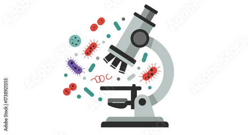 Modern science illustration of a microscope with viruses and bacteria ideal for medical research, educational materials, and healthcare campaigns