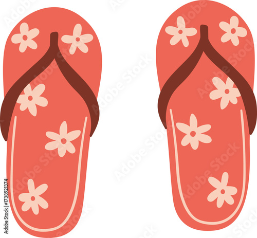 Two coral flipflops adorned with small white flowers and a brown thong