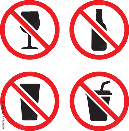 No drinking sign black vector icons set, editable prohibition alcohol symbols, modern flat style, clean bold shapes, no drinking icons, buyer focused vector design