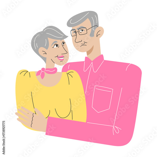 Two elderly people a woman and a man are embracing