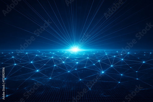 AI generated ultra realistic glowing digital grid with bright network nodes and radiant light symbolizing technology innovation data connection expansion and the limitless power of the future world