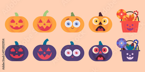 Halloween pumpkin jack o lantern illustration collection set.