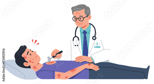 Caring doctor examining patient's skin rash with professional concern, offering hope and treatment for allergy relief and improved health with medical expertise