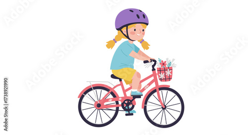 Joyful girl rides her bicycle with flowers in the basket, embracing freedom and outdoor fun in a happy, active lifestyle, symbolizing childhood adventure