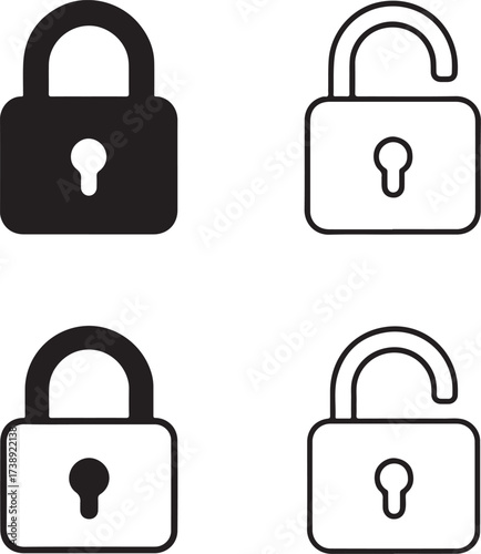 Locked unlocked button black vector icons set, editable toggle security lock symbols, modern flat style, clean bold shapes, lock unlock icons, buyer focused vector design