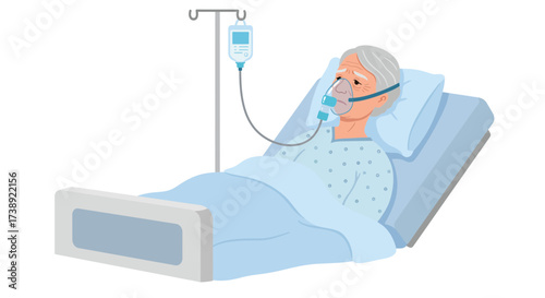 Elderly patient resting in hospital bed receiving oxygen therapy, a somber scene depicting illness, recovery, and healthcare for commercial use