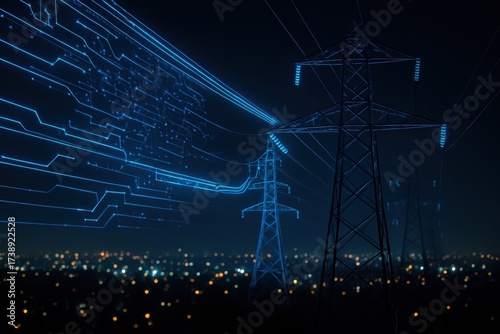 Sustainable data center power. Electric towers illuminated against a night sky with light trails representing energy flow.