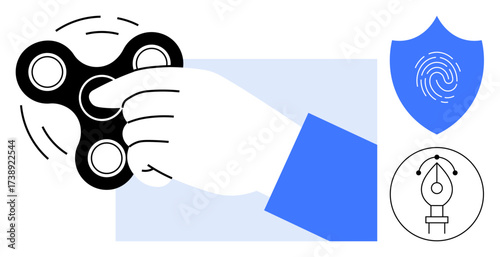 Hand spins a fidget spinner, blue shield with fingerprint, creative pen tool in circle. Ideal for focus, security, design, creativity, mindfulness technology productivity themes. Simple flat