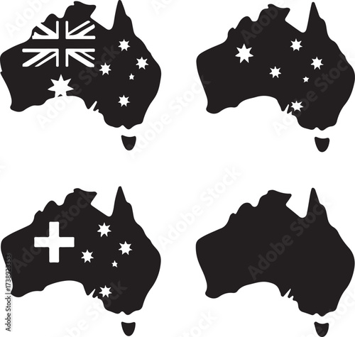 Australia flag in map black vector icons set, editable minimalist symbols, modern flat style, clean bold shapes, Australia map flag icons, buyer focused vector design