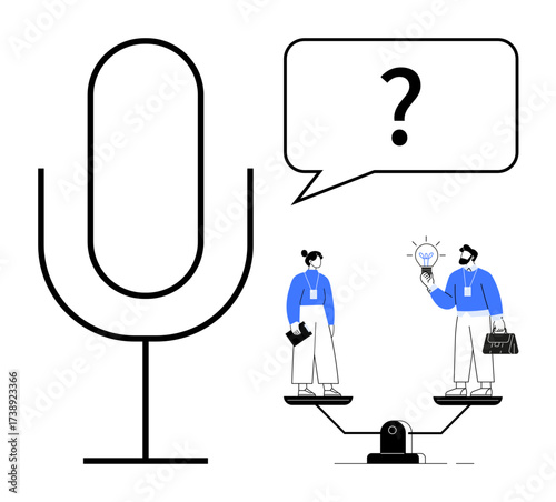 A large microphone and speech bubble with a question mark a man and woman on a balance scale exchanging ideas. Ideal for communication, teamwork, innovation, equality, problem-solving, creativity