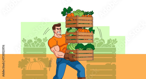 Athlete farmer with Fresh Produce carrying Crates Harvesting Vegetables for the Market