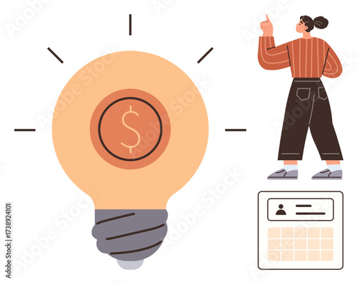 Woman gestures at light bulb with dollar sign, emphasizing financial innovation. Nearby ID card and calendar highlight planning, identity, and organization. Ideal for finance, creativity, planning