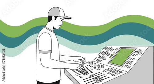 Audio Engineer Adjusting Controls Soundboard While Working With The Wave-like Decorative Background