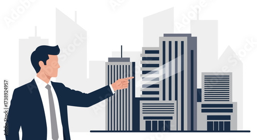 Business Professional Pointing Towards Urban Skyscrapers Representing Real Estate Ventures