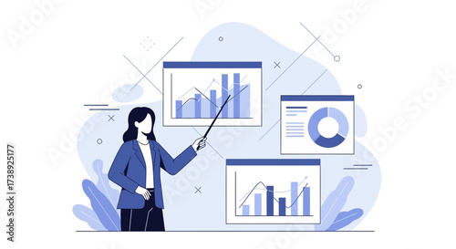 Businesswoman Presenting Statistical Data on Digital Screens for Analysis and Reporting
