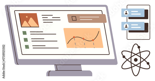 Desktop monitor displaying analytics with graphs, lists, image, and messages via smartphone, accompanied by an atomic symbol. Ideal for science, education, technology, research design data