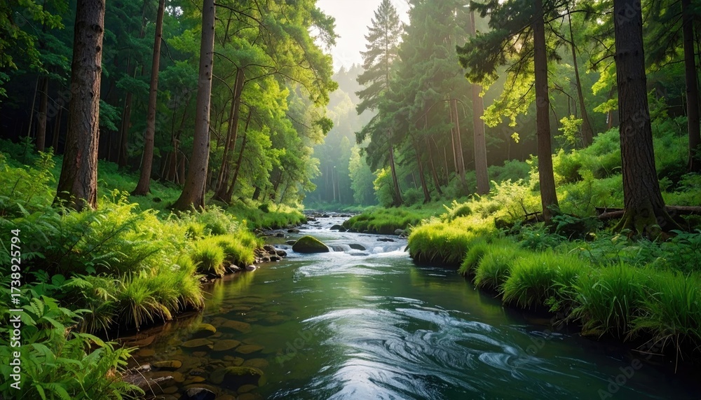 Fototapeta premium Scenic River Flowing Through Lush Green Forest With Sun Dappled Light
