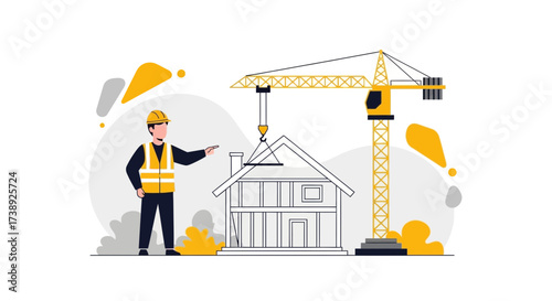 Construction Project Featuring A Builder, Crane, And House Under Development